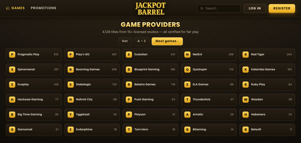 JackpotBarrel Casino Game Providers