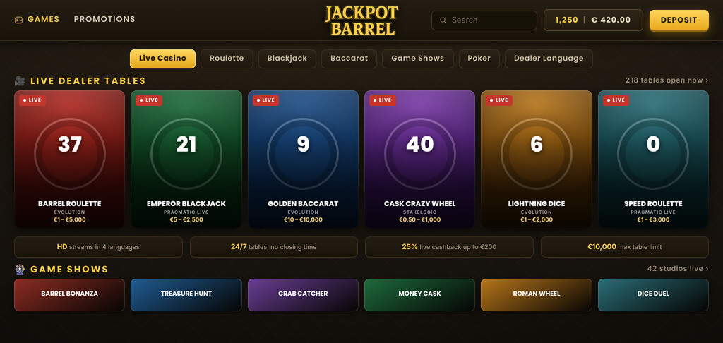 JackpotBarrel Casino Live Games
