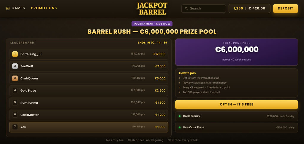 JackpotBarrel Casino Tournaments